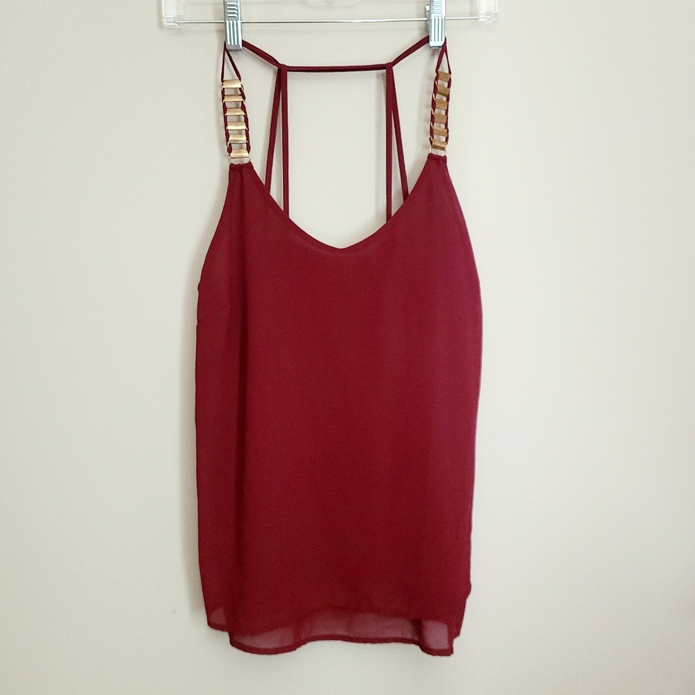 Flowy Maroon Tank with Gold Strap Embellishments